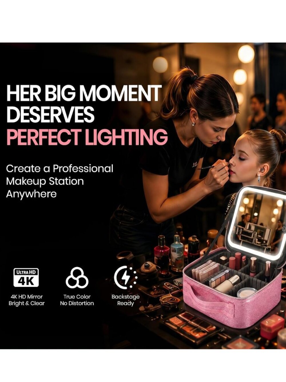 Lighted Cosmetic Case with 3 Light Modes and Adjustable Dividers - Picture 2 of 9
